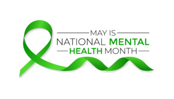 Green awareness ribbon with text "May is National Mental Health Month"