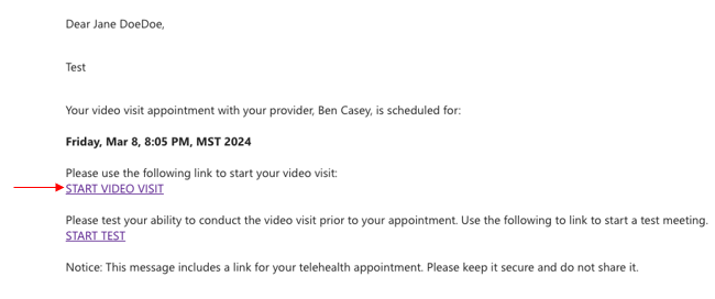 Screenshot of the email you will receive for your Telehealth appointment